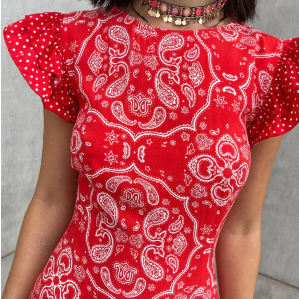 Never Fully Dressed Remi Bandana Paisley Print Red Polka Polka Midi Dress Size 2 - Picture 3 of 14